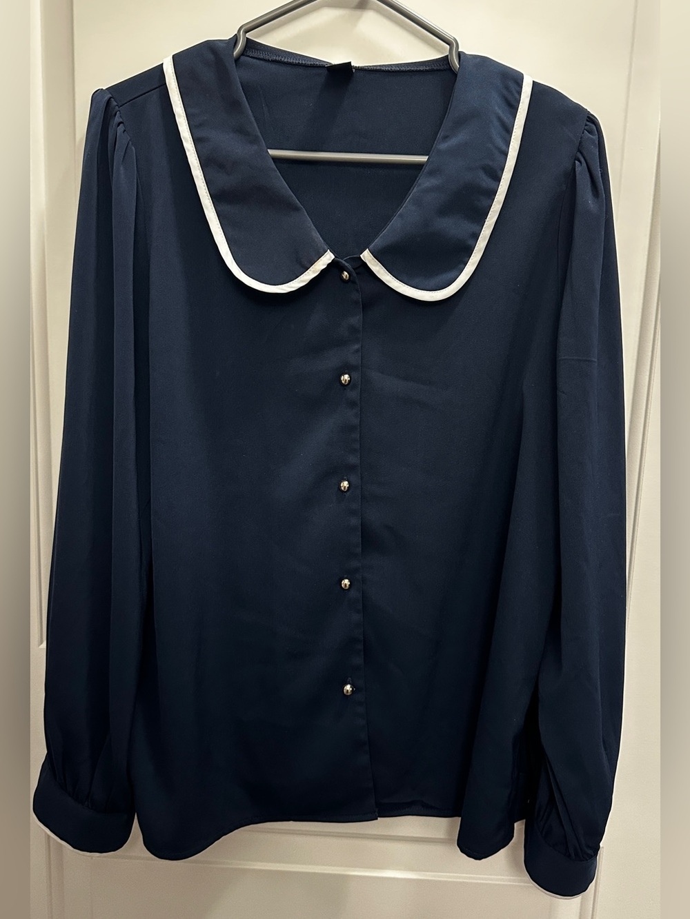 Navy Peter Pan Collar Blouse with White Trim